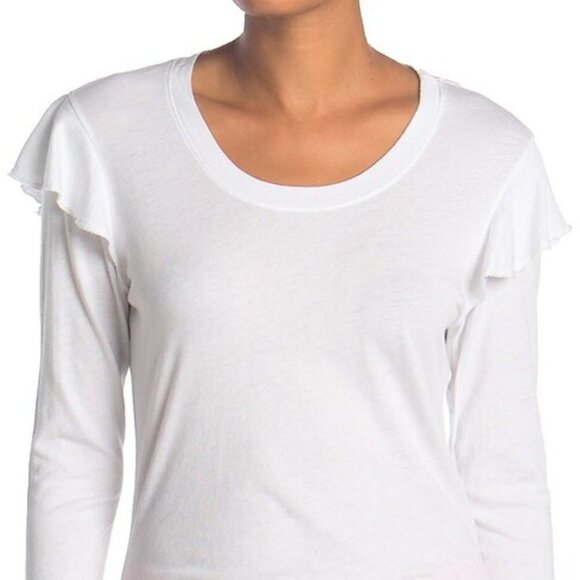 𝅺SUNDRY White Top Long Sleeve Ruffle Shoulder - Picture 1 of 8